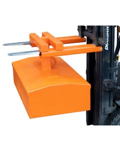 Heavy-duty orange skip compactor forklift attachment designed for compressing waste in skips, improving site efficiency and safety.