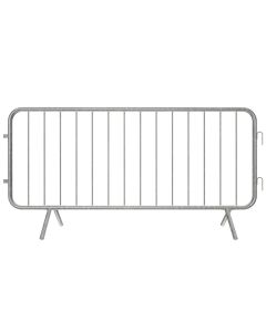 Front view of a galvanised steel crowd control barrier with fixed legs, featuring vertical infill bars and interlocking hooks on one side.